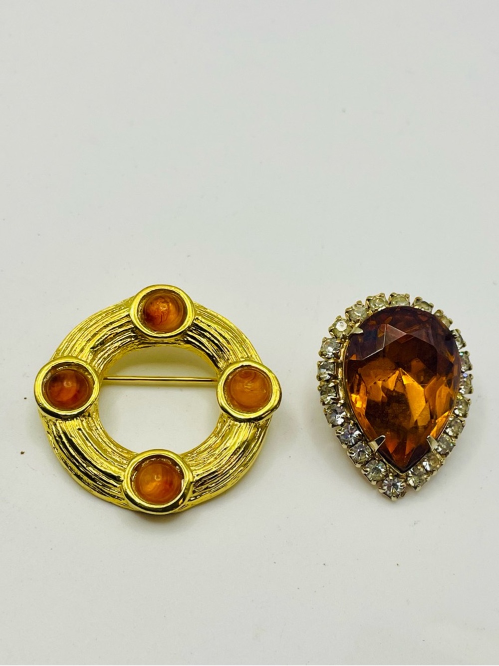 Gold-Tone Amber Circle Brooch and Amber Teardrop Crystal Brooch Pin Set